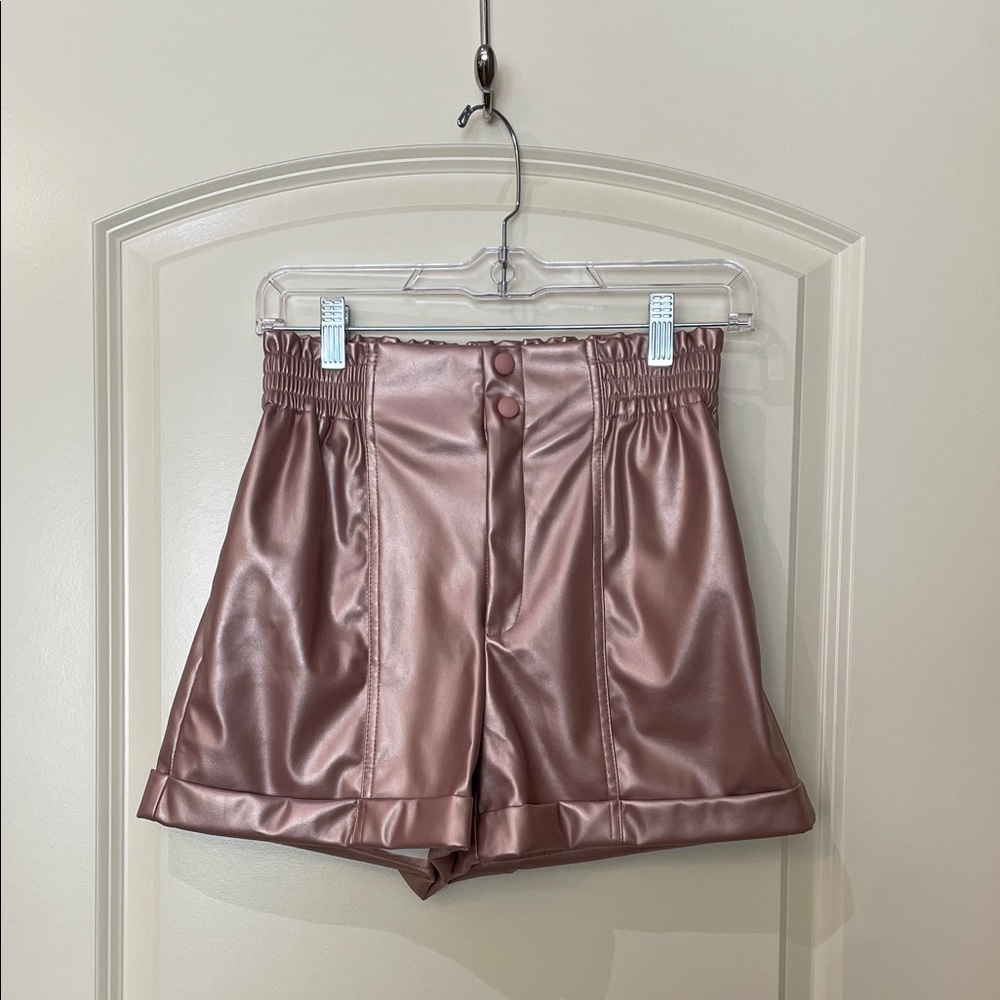 High-Waist Metallic Rose Faux Leather Shorts